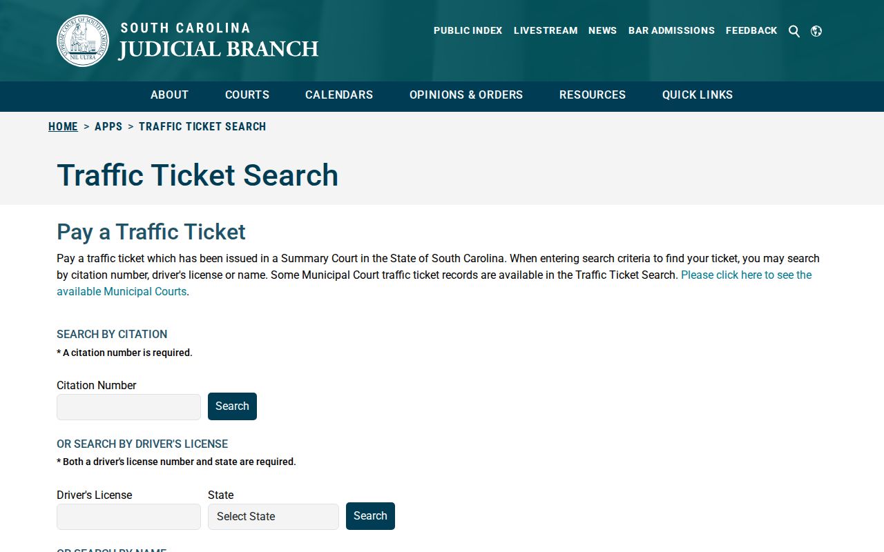 Sumter County traffic warrant search fields in the South Carolina Traffic Ticket Search