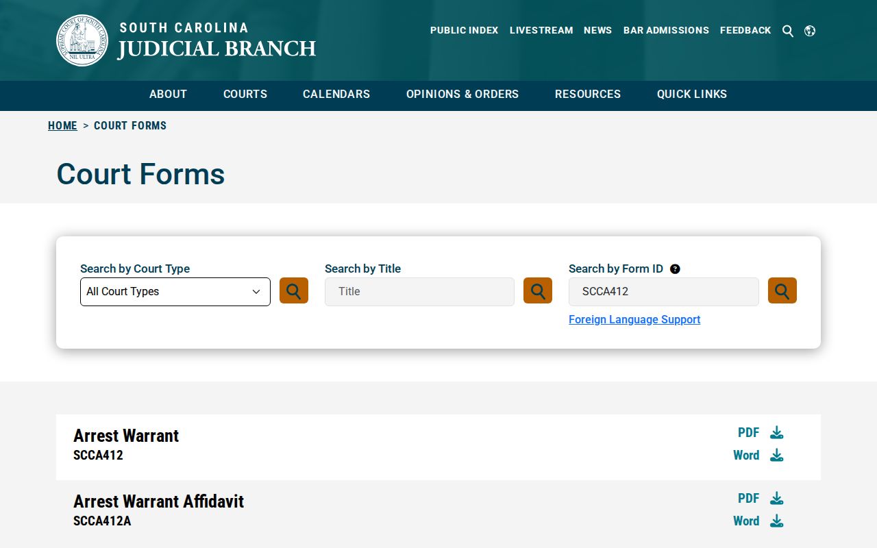 Sumter County arrest warrant forms in the South Carolina Judicial Branch court forms index