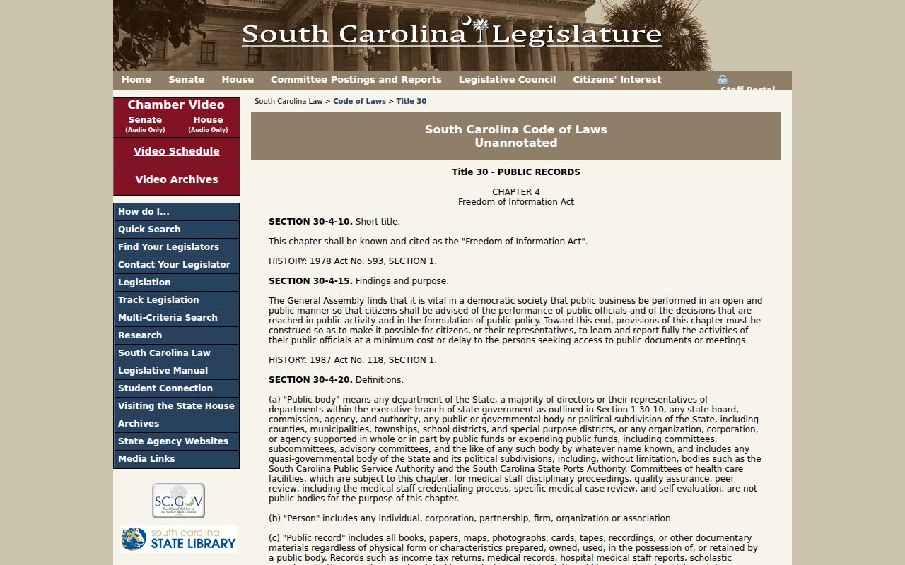 Sumter County warrant records access reference in South Carolina's Freedom of Information Act code